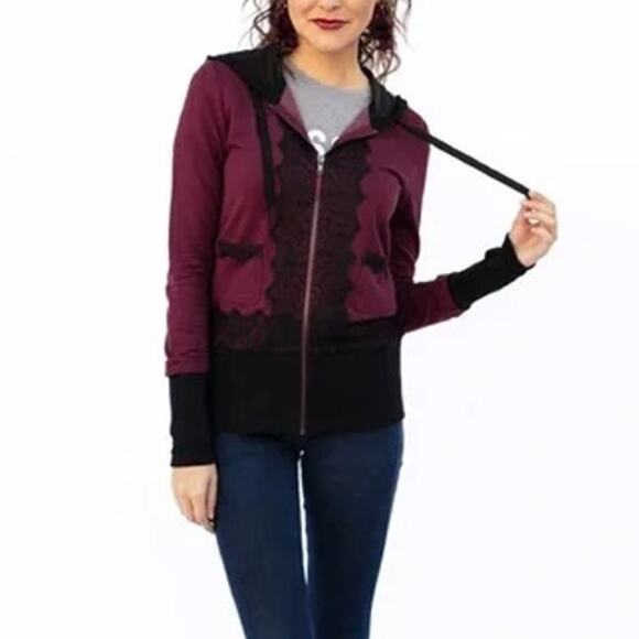 Evy's Tree Hoodie Womens L Maroon Black Zip-Up The Jacquelin Lace Trim Whimsy - Picture 2 of 8